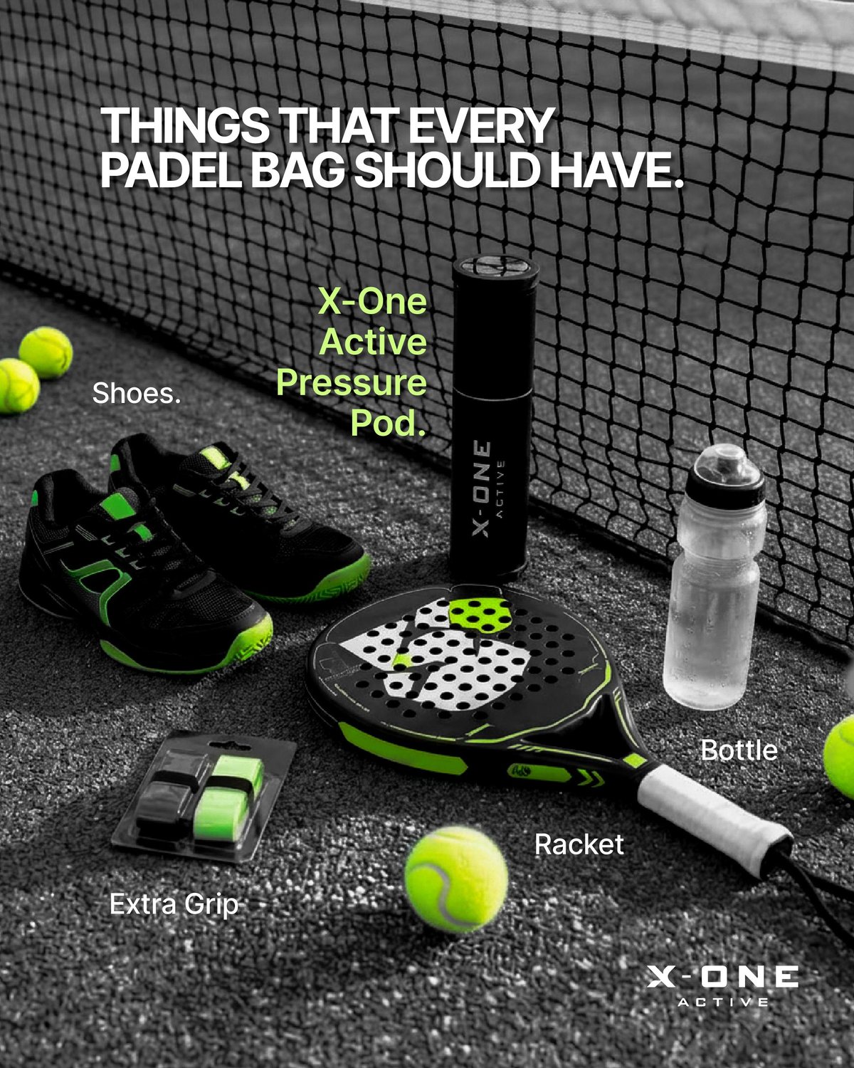 Perlengkapan wajib di tas padel: sepatu, raket, botol, extra grip dan X-ONE Active Pressure Pod